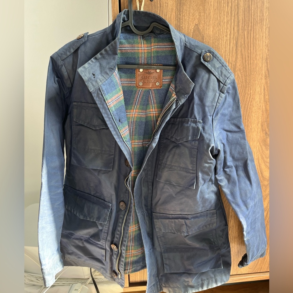 Men's Blue Wax Jacket with Plaid Lining
